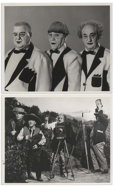 Moe Howard's Lot of 100 Glossy 10'' x 8'' Photos of the Three Stooges With Curly Joe -- From Their Films, Appearances, Some Candid -- Some Trimmed & Glued to Paper, Overall Very Good