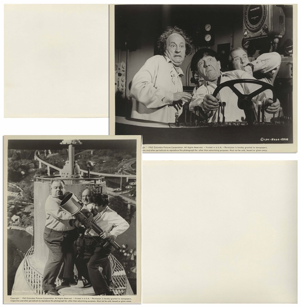 Moe Howard's Lot of 100 Glossy Photos During the Curly Joe Era -- Most From Their Films, Some of Three Stooges Appearances, Etc. -- 93 Measure 10 x 8, Six 7 x 9, One 9 x 8 -- Very Good