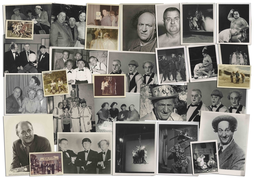 Moe Howard's Lot of 100 Photos During the Curly Joe Era -- Some Candid, Some of Three Stooges Appearances, Three Stooges Cartoon Characters, Etc. -- Varying Sizes, Most 10'' x 8'' -- Very Good