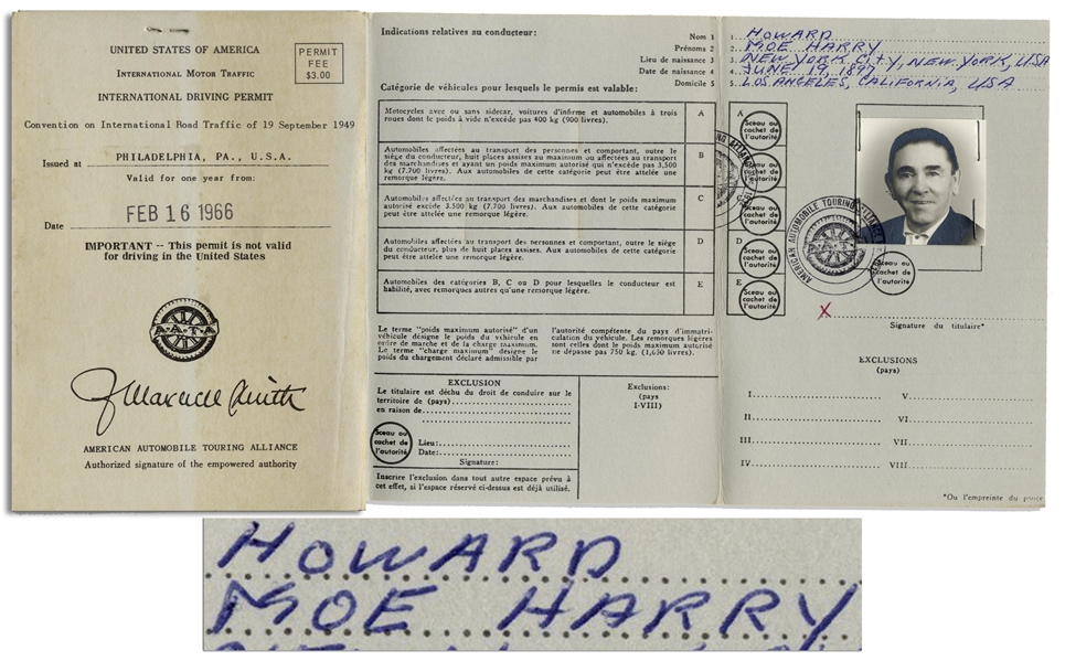 Moe Howard's International Driving Permit, Dated February 1966 -- With Photo of Moe Inside & His Information, Likely in His Hand -- Booklet Measures 4.25'' x 6'' -- Very Good Condition