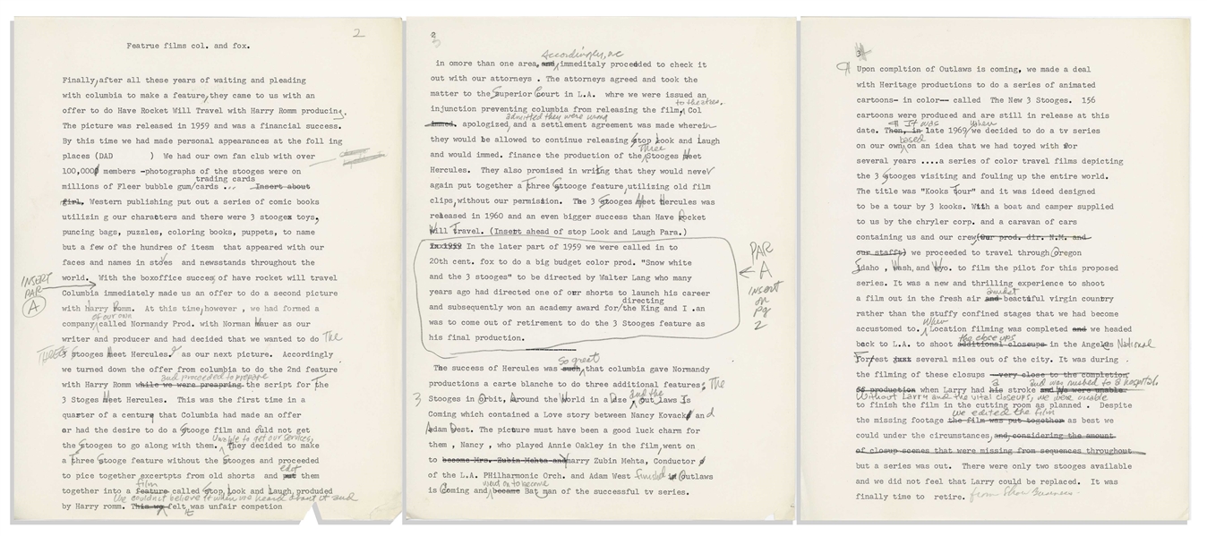 330+ Typed & Handwritten Pages of Moe Howard's Autobiography in Draft Form -- Many Pages Heavily Annotated by Moe: Sections Crossed Out, Others Added -- Most Pages Measure 8.5'' x 11'' -- Very Good