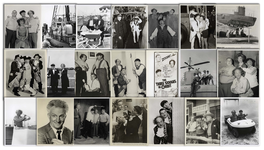 Moe Howard's Lot of 100 Glossy Photos During the Curly Joe Era -- Most From Their Films, Some of Three Stooges Appearances, Etc. -- 94 Measure 10 x 8, Six Approximately 7 x 9 -- Very Good