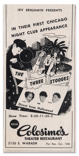 Moe Howard's Magazine & News Clippings From 1946 Featuring The Three Stooges Theatrical Performances Starring Shemp, Plus Promotional 3 x 4.5 Card -- All Items Glued to One 8.5 x 11 Page