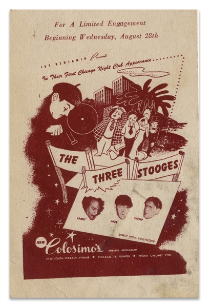 Moe Howard's Magazine & News Clippings From 1946 Featuring The Three Stooges Theatrical Performances Starring Shemp, Plus Promotional 3 x 4.5 Card -- All Items Glued to One 8.5 x 11 Page