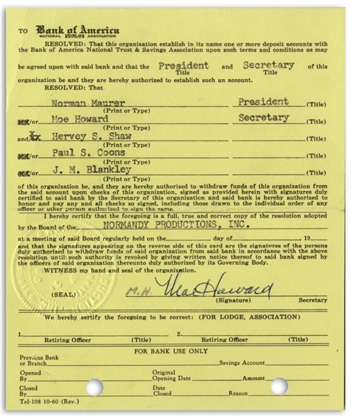 Moe Howard Thrice-Signed Bank of America Document Upon Opening the Bank Account for ''3 Stooges Meet the Martians'' -- Measures 5'' x 6'' -- Near Fine Condition