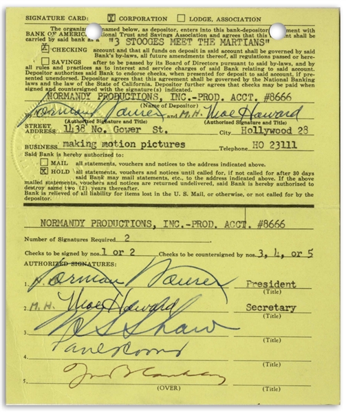 Moe Howard Thrice-Signed Bank of America Document Upon Opening the Bank Account for ''3 Stooges Meet the Martians'' -- Measures 5'' x 6'' -- Near Fine Condition