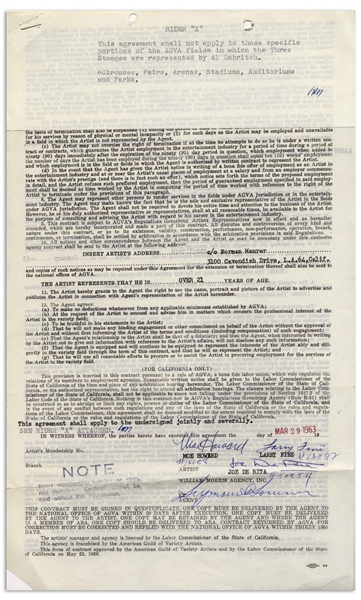 The Three Stooges Contract Signed by Moe Howard, Larry Fine & Joe DeRita From March 1963 With William Morris Agency -- 2pp. on 1 Sheet Measuring 8.5'' x 13.75'' -- Very Good