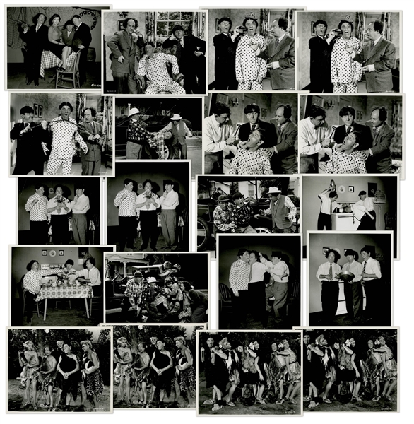 Lot of Twenty 10 x 8 Glossy Photos From Various Three Stooges Films -- 15 Photos From Wham-Bam-Slam!, 4 From Stone Age Romeos & 1 From Hot Ice -- Very Good Condition