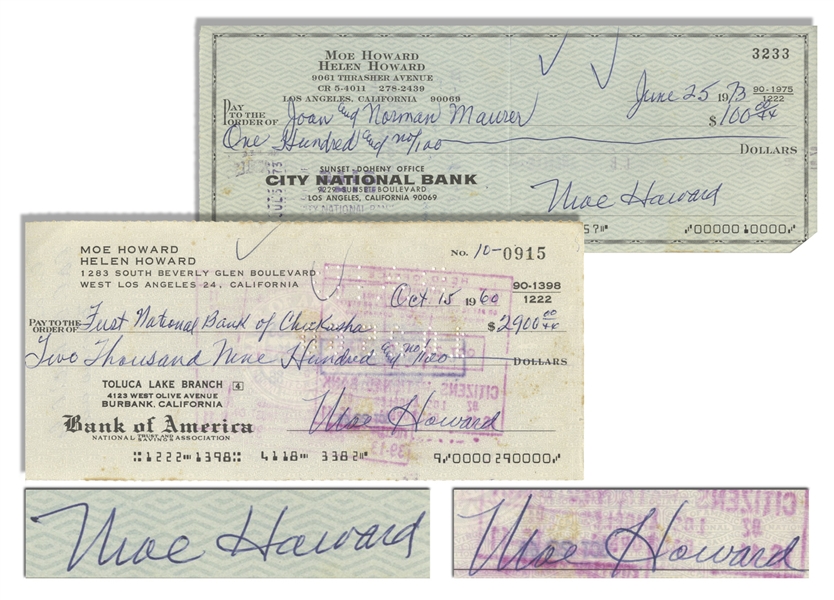 Moe Howard Lot of Two Checks Signed, One Dated 15 October 1960 Measuring 7'' x 3.25'' -- Second Check Made Out to His Daughter's Family, Dated 25 June 1973 and Measuring 8.25'' x 3'' -- Very Good