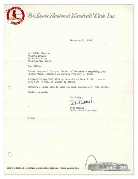 Stan Musial Typed Letter Signed on St. Louis Cardinals Stationery
