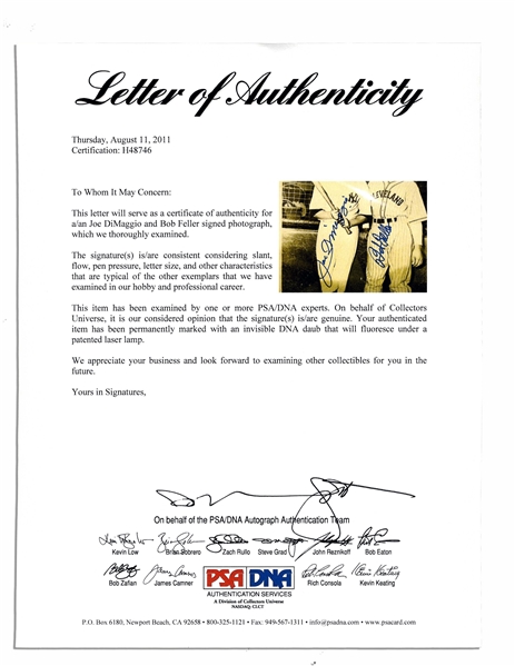 8'' x 10'' Signed Photo by Baseball Greats Joe DiMaggio and Bob Feller -- With PSA/DNA COA