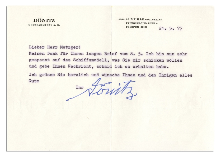 German Admiral Karl Donitz Typed Letter Signed -- Hitler's Successor Looks Forward to a Gift of a Model Ship