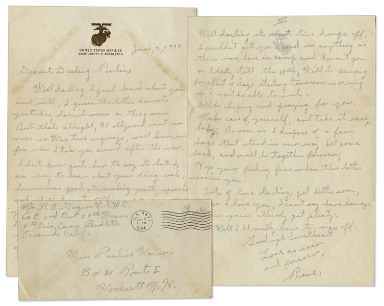 Rene Gagnon WWII Autograph Letter Signed -- ''...Hollywood isn't so nice in Wartime...When it comes to courage baby, the Marines haven't anything on you...''