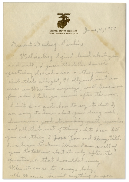 Rene Gagnon WWII Autograph Letter Signed -- ''...Hollywood isn't so nice in Wartime...When it comes to courage baby, the Marines haven't anything on you...''