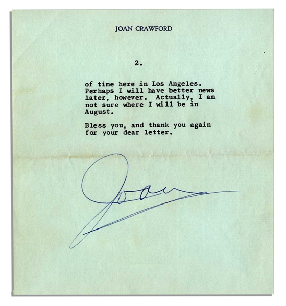 Joan Crawford Letter Signed -- ''...I am planning a trip to Europe on business for Pepsi-Cola...''