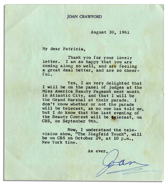 Joan Crawford Letter Signed -- ''...delighted that I will be on the panel of judges at the Miss America Beauty Pageant next month...''
