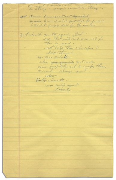 Handwritten Note by Richard Nixon in August 1966 -- As He Was Preparing for His Presidential Candidacy -- ''...When govt. makes [it] more profitable not to work than to work - change govt...''