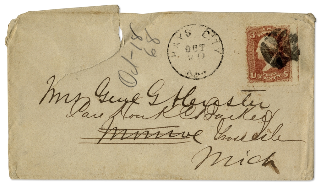 George Custer Envelope Made Out in Full in His Hand to his Wife -- ''Mrs. Genl GA Custer''