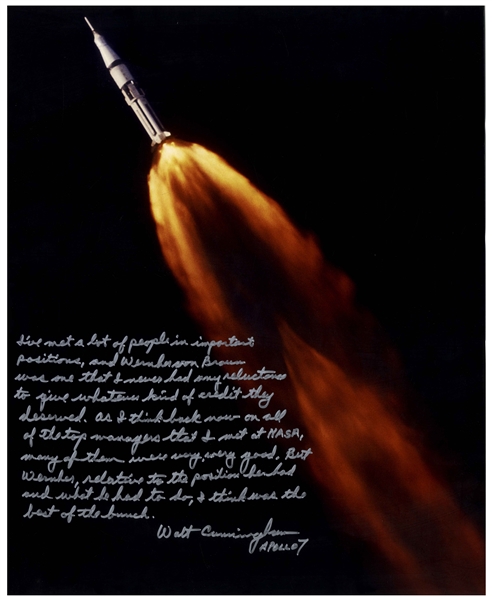 Walt Cunningham Signed 16'' x 20'' Photo With Personal Message Honoring Wernher von Braun -- ''...Wernher, relative to the position he had and what he had to do, I think was the best of the bunch...''
