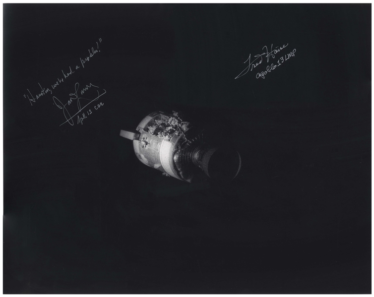 Fred Haise and James Lovell Signed 20 x 16 Photo of Apollo 13's Damaged Service Module -- Lovell Adds, Houston, we've had a problem!
