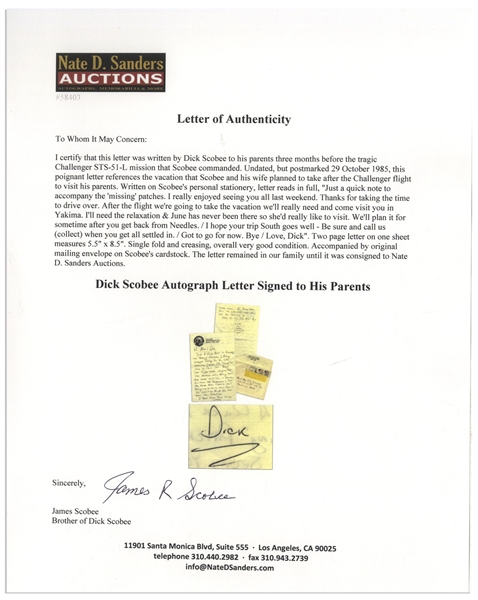 Dick Scobee Autograph Letter Signed to His Parents, Three Months Before the Challenger Disaster -- ''...After the flight we're going to take the vacation we'll really need...''