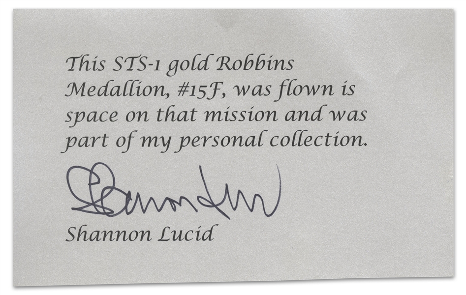 Gold Robbins Medal #15F, Flown on Columbia STS-1 -- Owned by Astronaut Shannon Lucid