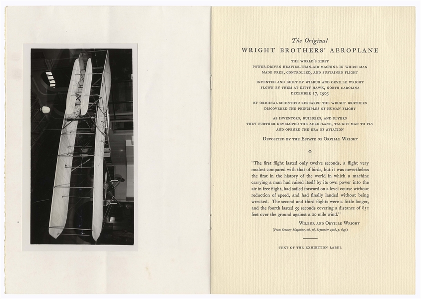Smithsonian Program From 1948 for ''The Presentation of the Wright Brothers' Aeroplane of 1903'' -- Very Rare, With Infamous Smithsonian ''Label'' Printed Within