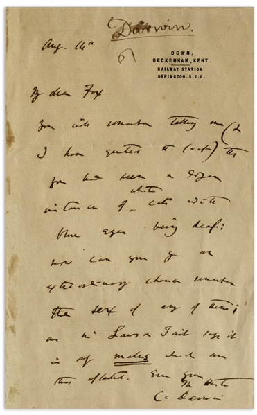 Charles Darwin Autograph Letter Signed With Evolution Related Content -- ''...you had seen a dozen instances of white cats with blue eyes being deaf...''