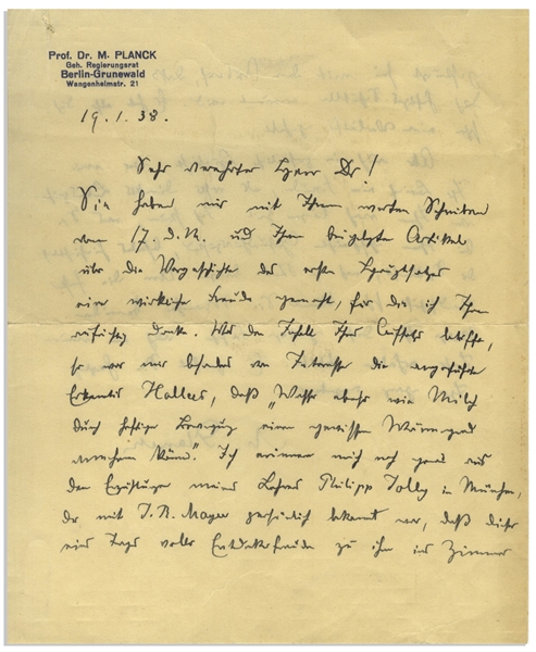 Max Planck Autograph Letter Signed, Musing on the First Law of Thermodynamics -- ''...Mayer had burst into his room exclaiming...that water could be warmed by means of vigorous shaking...''
