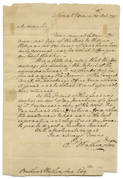 George Washington Autograph Letter Signed, With Bold Writing & Signature -- Washington Writes to His Nephew Bushrod Washington Regarding a ''Singular'' Oddity in His Land Holdings