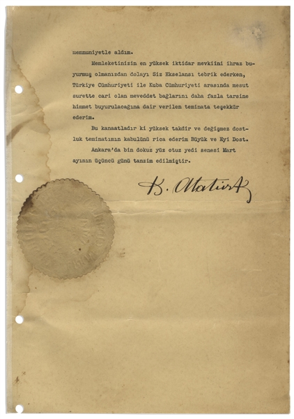 Rare Document Signed by the Founder of the Republic of Turkey and Its First President, Mustafa Kemal Ataturk