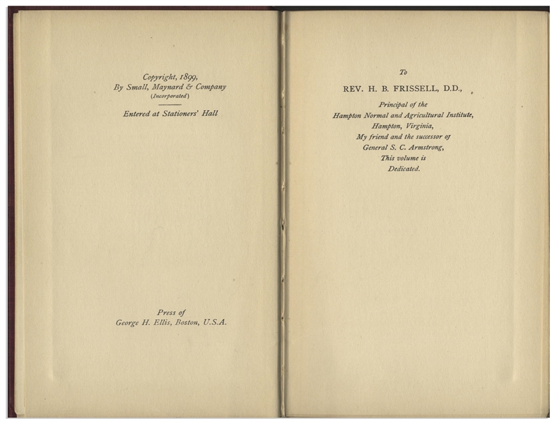 Booker T. Washington Signed First Printing of His First Major Publication, ''The Future of the American Negro'' -- Inscribed to Massachusetts Notable Arthur T. Lyman