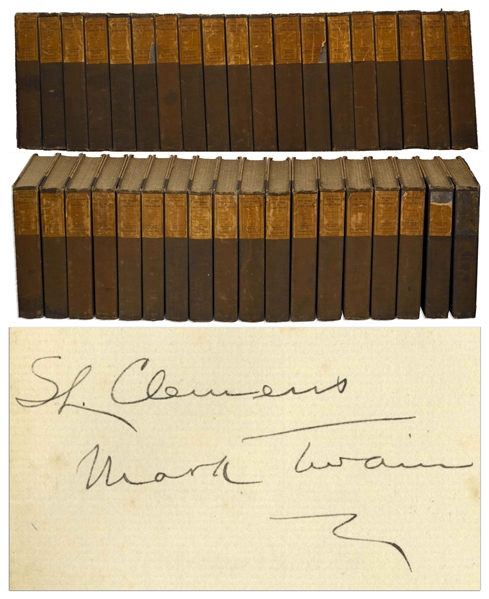 Mark Twain Signed ''The Works of Mark Twain'' -- Signed Both ''S.L. Clemens / Mark Twain'' in the First Volume -- Complete 37 Volume Set With Rare ''Autobiography'' Volumes