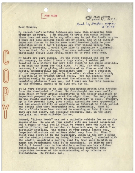 John Wayne 1954 Letter Signed to RKO Studios Signed ''Duke'' -- Wayne Includes 4pp. Carbon of His Letter to Howard Hughes, Where He Excoriates the Management of RKO