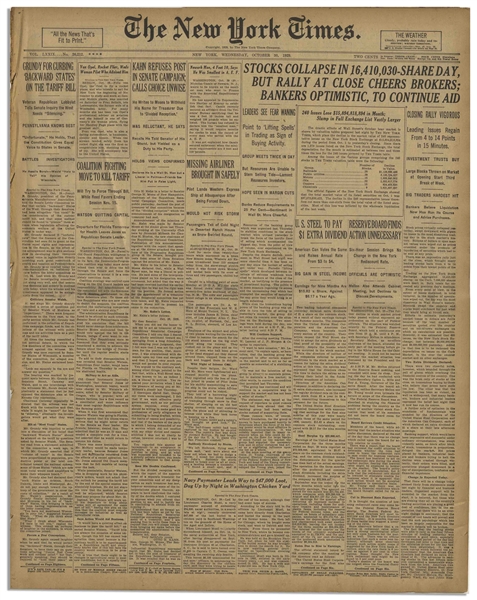 ''The New York Times'' From 30 October 1929 Reporting on ''Black Tuesday'', the Stock Market Crash of 1929 With Headline ''Stocks Collapse in 16,410,030-Share Day''