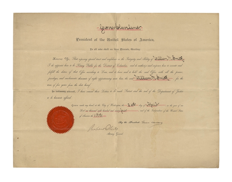 Grover Cleveland Document Signed as President -- With Photo of Cleveland & His Dog
