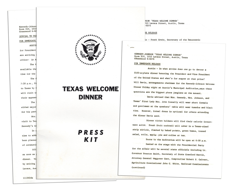 Press Kit for the JFK Texas Welcome Dinner Scheduled for the Night of His Assassination