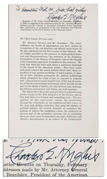 Charles Evan Hughes Speech Signed -- Speech Is About the Importance of the Justice System, Delivered on the 115th Anniversary of the Supreme Court