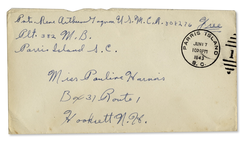 Iwo Jima ''Flag Raiser'' Rene Gagnon Signed Envelope -- WWII Dated From 1943