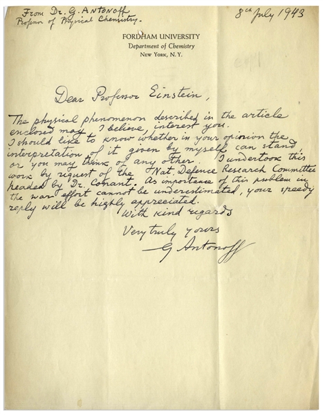 Albert Einstein Letter Signed From 1943 With His Hand-Drawn Diagram -- Einstein Helps Solve a Problem for the National Defense Research Committee, the WWII Task Force That Headed the Manhattan Project