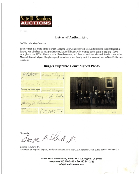 The Burger Supreme Court Signed 21'' x 15.25'' Photo Showing the Justices in an Informal Pose -- Signed by All Nine Justices, From 1977