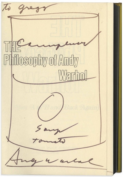 Andy Warhol Sketches His Famous Campbell's Soup Can -- Drawn Upon a Signed First Edition of The Philosophy of Andy Warhol