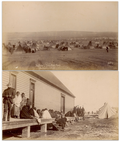 Two Original Photographs From 1890-91, From the Time of the Wounded Knee Massacre -- One Photograph Shows the Sioux on Ration Day & Other Shows the Camp of Two Strike & Crow Dogs