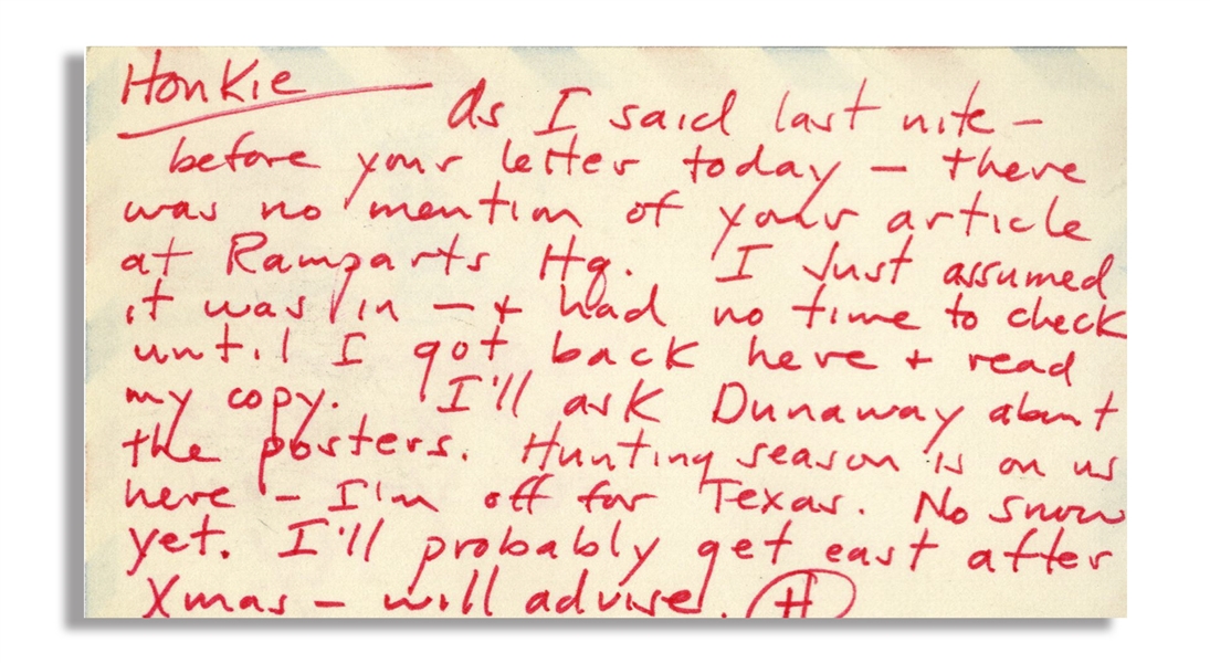 Hunter S. Thompson Autograph Letter Signed -- Honkie…Hunting season is on us here - I'm off for Texas…