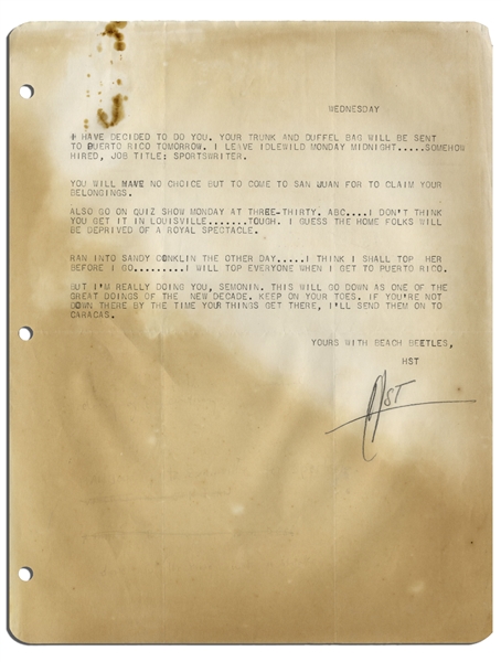 Hunter Thompson Letter Signed From 1959, Writing He'll Be on a quiz show Monday -- Thompson Also Mentions Running Into His Future Wife, Writing I think I shall top her