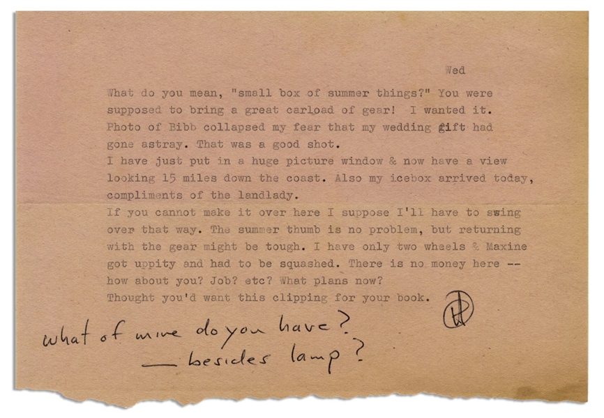 Hunter Thompson Letter Signed From 1961 Shortly After Settling in at Big Sur -- …have a view looking 15 miles down the coast…