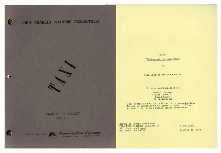 Taxi Script From 1978 -- From the Estate of Sam Simon, Co-Creator of The Simpsons & Writer on Taxi
