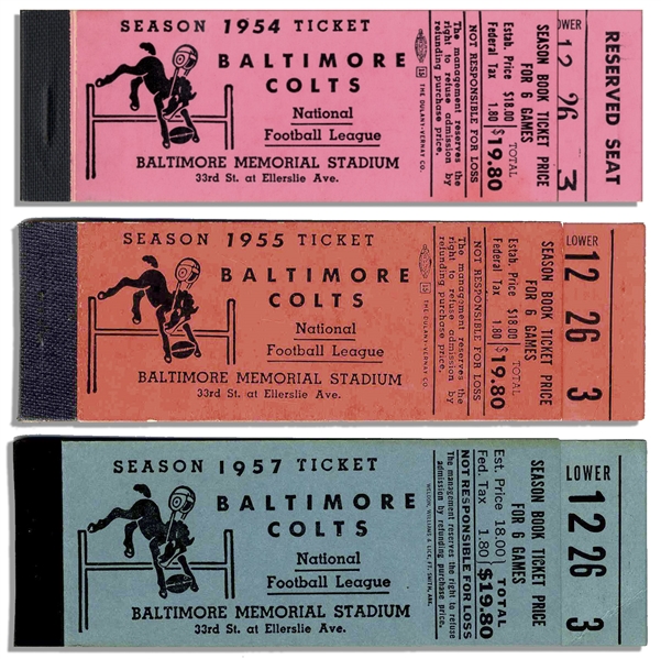 Lot of 3 Colts Season Ticket Books -- From 1954, 1955 and 1957