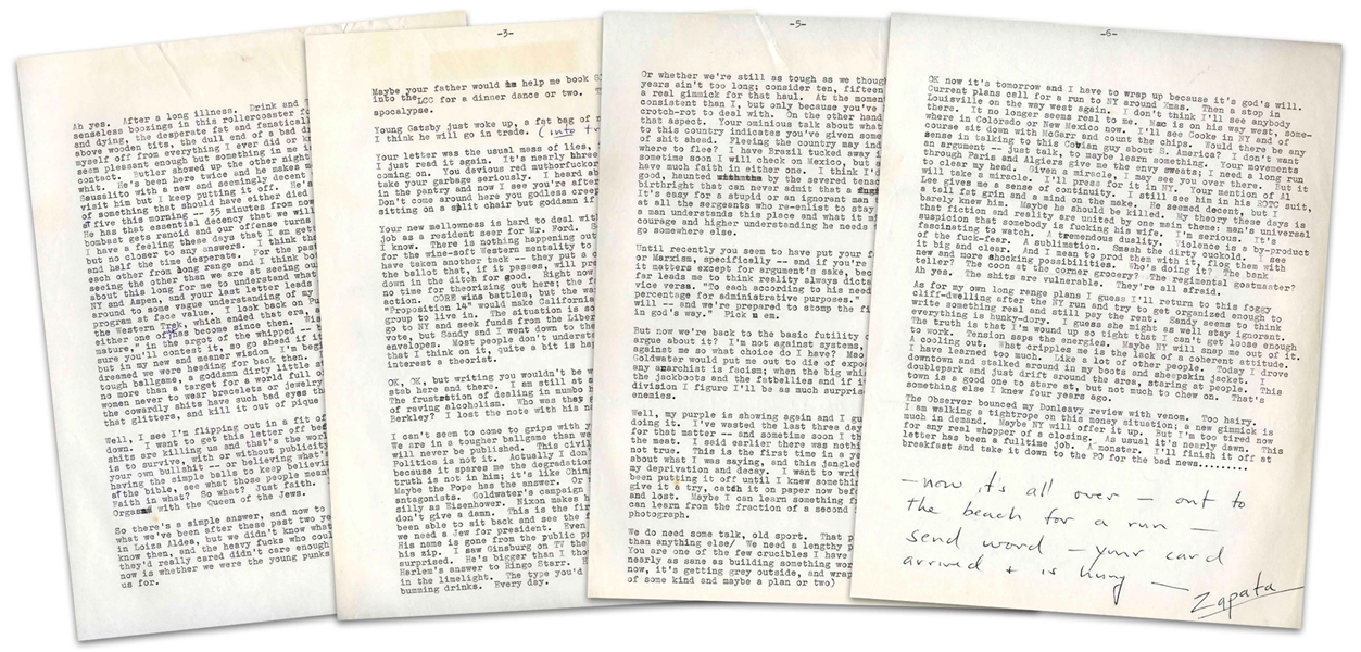 Hunter S. Thompson Letter Signed ''Zapata'' That Reads Like a Short Story: ''...I might have a go at the bible...Faith in what?...In god, Grapefruit or the Final Orgasm with the Queen of the Jews...''