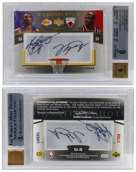 Kobe Bryant & Michael Jordan Dual-Signed 2007-08 Sweet Shot Signature Shots Acetate Dual Card by Upper Deck -- #6 of 15 in Limited Edition -- Beckett Graded 9 for Card & 9 for Autographs, None Higher